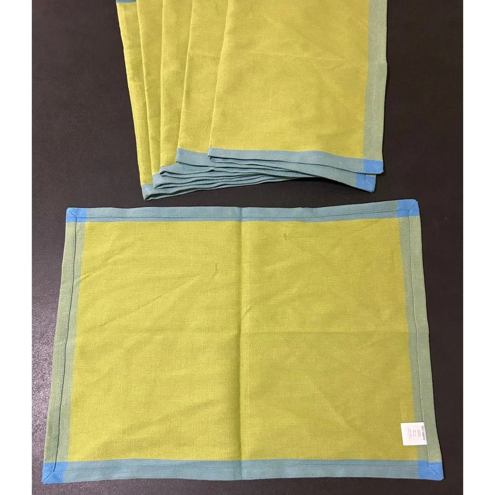Pier 1 Imports Placemats Set/6 Lime Green Blue Border Cotton Color-Block Summer